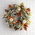 Miniatyrbilde 1 av 5: Høstkrans for inngangsdør, høstkrans med gresskar, bær, kongle og lønneblad for Halloween Thanksgiving 35 cm
