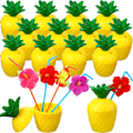 Miniatyrbillede 1 af 5: 12 ananas kopper med plastik ananas drikkekopper med låg og blomster sugerør, plastik ananas kopper