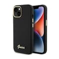 Guess Silicone Script metalllogotyp och ram - iPhone 15-fodral (svart)