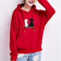 Miniatyrbillede 2 af 3: Langærmet sweatshirt med kattetryk til kvinder Afslappet Løs snøre Hættetrøjer Toppe med hættetrøje Red L