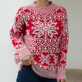 Miniatyrbillede 3 af 4: Julesweater Damer Julesnefnug Varm sweater Strikket sweater med o-hals Red L