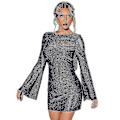 Miniatyrbillede 4 af 5: Dame Backless Flæseærme Glitrende Mesh Mini Kjole Chic Og Glamourøs