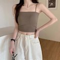 Miniatyrbilde 5 av 5: Dame Spaghetti Stropp Ribbestrikket Camisole med Hylle-BH Brystpute Stripet Ensfarget Slim Crop Tube Topp Sling Vest