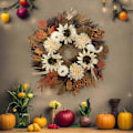 Miniatyrbild 5 av 5: 20 tums höstkrans höstdekoration för ytterdörr med pumpor för Halloween, Thanksgiving, utomhusvisning