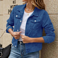 Miniatyrbild 3 av 5: Knäppt Jeansjacka för Kvinnor, Långärmad, Croppad Modell med Fickor