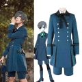 Miniatyrbillede 1 af 5: Ny sort Butler Kuroshitsuji Ciel Phantomhive Cosplay Kostume Aldult Aristokrat Blå Dobbeltradet Lapel Uniform Sæt Og Parykker man XXL
