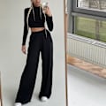 Miniatyrbillede 5 af 5: Lounge sæt til kvinder, langærmet crop top med mock neck og vide ben, bukser, pyjamassæt, afslappet 2-delt outfit, træningsdragter, hvid S