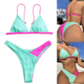 Miniatyrbild 2 av 5: Tvådelad bikini för damer, högt skurna mjuka bikinis, sexig baddräkt, strandkläder, spaghettiband, rygglös badklädesset, sjögrön XL