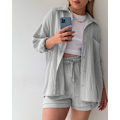 Miniatyrbilde 2 av 5: Dame 2-delt bukse sett Lin Skjorte shorts sett Lys Grå Light Gray M