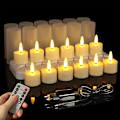 Miniatyrbilde 1 av 3: Laderbare te-lys, 12 stk, med ladestasjon og timer, LED-telys, flimrende lys med fjernkontroll, timerfunksjon