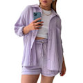 Miniatyrbilde 4 av 5: Dame 2-delt bukse sett Lin Skjorte shorts sett Lys Lilla Light Purple XL