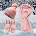 Miniatyrbild 3 av 5: 3 st/Set Herr Vintermössa Halsduk Handskar Set Tjock Stickad Varm Elastisk Öronskydd Fem Fingrar Pink
