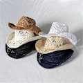 Miniatyrbilde 2 av 5: Stråhatt Ventilert Hul Rund Sammenleggbar Western Cowboy Strandhatt Fotorekvisitter White
