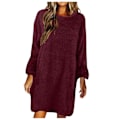 Miniatyrbillede 1 af 2: Løs vinter sweaterkjole langærmet rund hals plys kjoler dame fleece kjole Wine Red XXXL