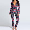 Dam One Piece Tryck Sovkläder Julpyjamas Jumpsuit Rompers Långärmad Nattkläder Blue S