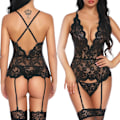 Miniatyrbild 4 av 6: Damunderkläder Sexig Spets BH Höfthållare Kroppsstrumpor Stringtrosor Set Underkläder Lingerie Black 2XL