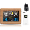 Miniatyrbild 1 av 4: Väderstation i trä Trådlös vädersensor Väderprognos LCD-färgskärm Tid + väckarklocka EU-kontakt trä