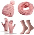 Strikket sæt - 4-delt sæt med hue, halstørklæde, handsker og strømper, vintervarmesæt, varme vinterhandsker med touch til vinterbrug pink