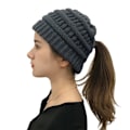 Miniatyrbillede 3 af 5: Vinter Kvinder Messy Bun Hestehale Strikket Hue Strækbar Beanie Hat Dark gray