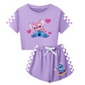 Miniatyrbild 1 av 3: Barn Tecknad Stitch Tryckta Kläder Set T-shirt Shorts Pyjamas Sovkläder Loungekläder Sommar Casual Träningsdräkt Purple 110cm