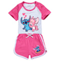 Miniatyrbild 1 av 3: Barn Tecknad Lilo & Stitch Tryckta Kläder Set T-shirt Shorts Pyjamas Sovkläder Loungekläder Sommar Casual Träningsdräkt Rose Red 110cm