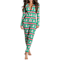 Miniatyrbild 1 av 7: Dam Jumpsuit med Långärmad Knappar, Jultema, Elgtryck, Casual, En-Delad Pyjamas, Raka Ben, Långa Byxor, Hemkläder, Sovkläder Green M