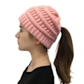 Miniatyrbillede 2 af 5: Vinter Kvinder Messy Bun Hestehale Strikket Hue Strækbar Beanie Hat Pink