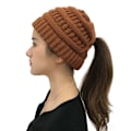 Miniatyrbillede 4 af 5: Vinter Kvinder Messy Bun Hestehale Strikket Hue Strækbar Beanie Hat caramel colour