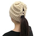 Miniatyrbillede 3 af 5: Vinter Kvinder Messy Bun Hestehale Strikket Hue Strækbar Beanie Hat Beige