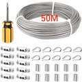 50M/3mm Rustfri Stålwire, Belagt Stålkabel med Kabelklemmer, M3 Muffe, 3mm Wire til Tørresnor