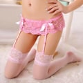 Pikkukuva 2 / 5: Naisten seksikäs pitsiset reisi-sukkahousut + garter-vyö Hold-ups Pink Pink pink one size