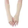 Miniatyrbillede 1 af 5: Dame Vinter Varme Over Elbow Lange Fingerløse Tommelfinger Hul Handsker Luffer Beige KLB