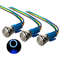 Miniatyrbilde 1 av 4: 3 stk Premium 12V/24V 5A Momentary Trykknappbryter, 16mm Trykknappbryter, Blå LED IP67 Vanntett Bryter med Strømstikkontakt
