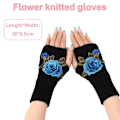 Miniatyrbilde 2 av 5: Vinter Fingerless Hansker Halv Finger Hanske Svart + Blå Blomst KLB