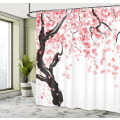 Miniatyrbilde 3 av 4: Blomsterdusjforheng, 180 cm x 200 cm, rosa svart, kirsebærtre, stoffbaderomdekorsett med kroker -
