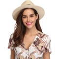 Miniatyrbilde 5 av 5: Kvinners bredbremmet strå Panama rull opp hatt beltespenne Fedora strand solhatt for kvinner UPF50+ Blue