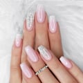 Miniatyrbild 4 av 4: Tryck på franska naglar fyrkantiga falska naglar rosa vit gradient nagelspetsar akryl full täckning glitter självhäftande för kvinnor flickor 24 st