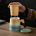 Miniatyrbillede 4 af 5: Blå og Hvid Tekopper med Træhåndtag Keramisk Tekop med Infuser og Låg Kop til Infusion af Løse Blade Te azul