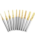 Miniatyrbild 1 av 5: 10 st PCB roterande borrar titanpläterade hårdmetallfräsar gravering bits set 1/8\" (3 mm) skaft borr för CNC roterande gravering 0,8 mm-3,175 mm