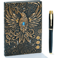 Miniatyrbillede 1 af 5: Præget læderjournal Skrive notesbog Rejsedagbog til at skrive i, Phoenix-gave til mænd og kvinder, med gylden klassisk pen, (Bronze) Bronze 8.4x5.7In