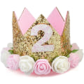 Miniatyrbillede 1 af 4: Tiara, Baby Girl/Kids 1. fødselsdag Hat Glitter Guld Floral Stil med Faux Rose, 2 år gammel