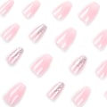 Miniatyrbild 2 av 4: Tryck på franska naglar fyrkantiga falska naglar rosa vit gradient nagelspetsar akryl full täckning glitter självhäftande för kvinnor flickor 24 st