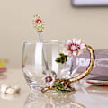 Miniatyrbild 1 av 4: Emaljerad Solros Kristall Blyfri Glas Tekopp med Sked Set, Present till Jul, Alla hjärtans dag. Bästa Presenten Style 1