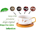 Pikkukuva 2 / 5: Stylisoitu keraaminen ja tisane-kahvi-teekuppisetti, tyyppi kultainen posliini, pohjoismainen marmori-kuvio ja bambu, japanilainen akaasiapuu, 300 ml, valkoinen kulta Pate