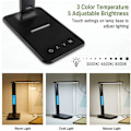 Miniatyrbilde 2 av 5: Dimbar LED-bordlampe, 3 moduser/ 5 lysstyrkenivåer/LCD-skjerm/alarmklokke/temperatur og kalender, øyebeskyttende berørings-LED-skrivebordslampe Black