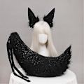 Miniatyrbillede 1 af 4: Plysjakal katteører pandebånd og hale sæt - Lolita Cosplay tilbehør ren sort sort og hvid black and white