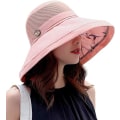 Miniatyrbilde 4 av 5: Kvinners Mesh Solhatter Sommer Strand UV Beskyttelse UPF Pakkbar Bred Bremskjerm Hakestropp pink