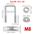 Miniatyrbilde 2 av 5: Firkantede U-bolter, 60x120mm rustfrie stål U-bolter, M8 U-bolt med mutterrammeplate og skive, M8 U-bolt for festeplater og rør