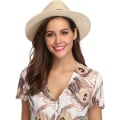 Miniatyrbilde 5 av 5: Kvinners bredbremmet strå Panama rull opp hatt beltespenne Fedora strand solhatt for kvinner UPF50+ Beige