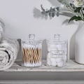 Miniatyrbild 1 av 4: 2-pack Qtip-hållare dispenser för bomullstuss, bomullspinne, runda bomullsdynor, tandtråd - 10 oz genomskinlig apotekarburk i plast för badrumsbehållare
